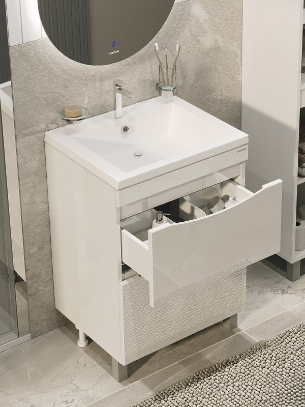 Мебель для ванной комнаты Grossman Виста 58 напольная, 2 ящика, белый глянец