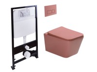 Комплект Унитаз подвесной SantiLine SL-5007P безободковый, с микролифтом, персиковый матовый + Инсталляция SantiLine SL-01 с кнопкой смыва персиковой матовой