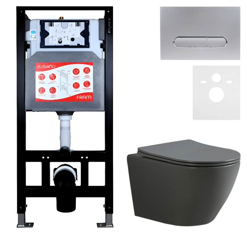 Комплект Унитаз подвесной Esbano Amapola ESUPAMAPGM матовый серый + Инсталляция Fram + Кнопка ESINOVL17MC