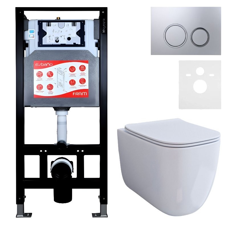 Комплект 3 в 1 Унитаз подвесной Esbano ESUPGARAW + Инсталляция Fram + Кнопка ESINKRG11MC цвет матовый хром