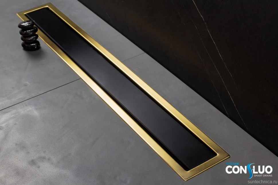 Душевой трап (лоток) Pestan Confluo Premium Gold Black Glass Line 650 черное стекло/позолоченная сталь