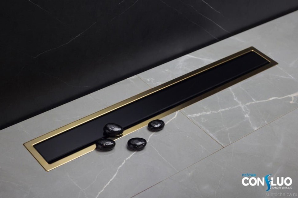 Душевой трап (лоток) Pestan Confluo Premium Gold Black Glass Line 650 черное стекло/позолоченная сталь
