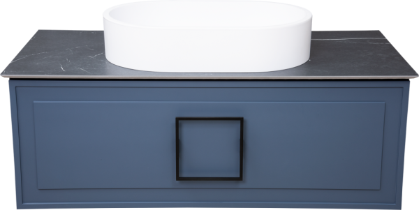 Тумба с раковиной La Fenice Cubo 100 подвесная, blu grigio, ручка черная, столешница черный мрамор, раковина белая матовая