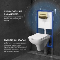 Комплект Унитаз подвесной DIWO Сочи 7508N003-0079 безободковый + Крышка Yakut 0344 быстросъемное, с микролифтом + Инсталляция + Кнопка 7325 золотая