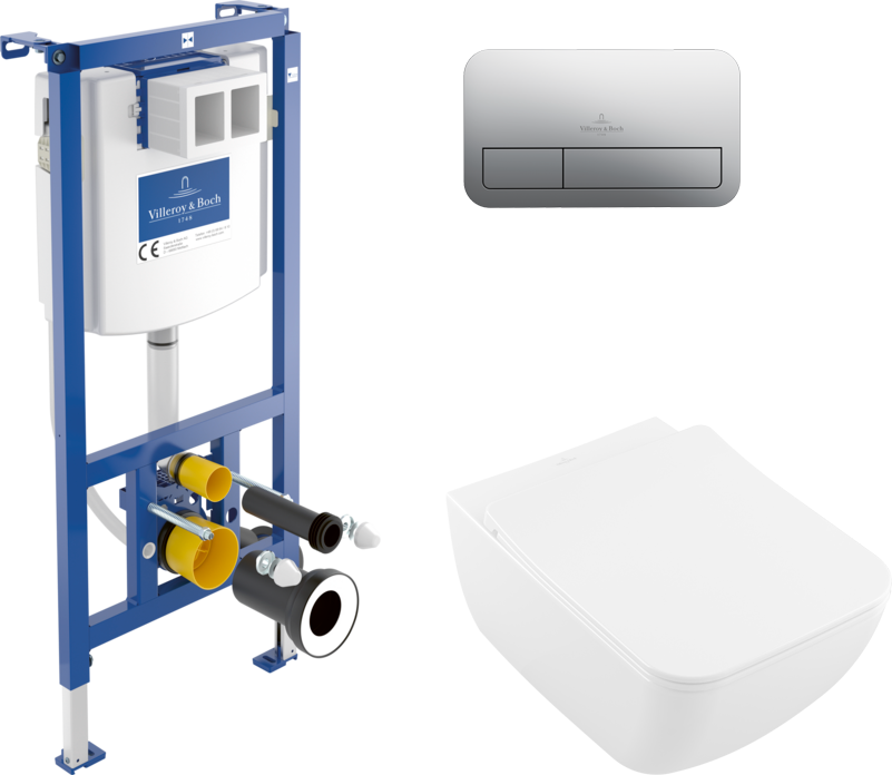 Комплект Унитаз подвесной Villeroy & Boch Venticello 4611RL01 безободковый, альпийский белый + Инсталляция + Кнопка Viconnect 9224 9069 матовый хром