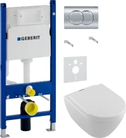 Комплект Унитаз подвесной Villeroy & Boch Subway 2.0 + Крышка 9M68 S101 с микролифтом, петли хром + Инсталляция Geberit Duofix Delta 458.149.21.1 с кнопкой смыва, хром + Звукоизоляция