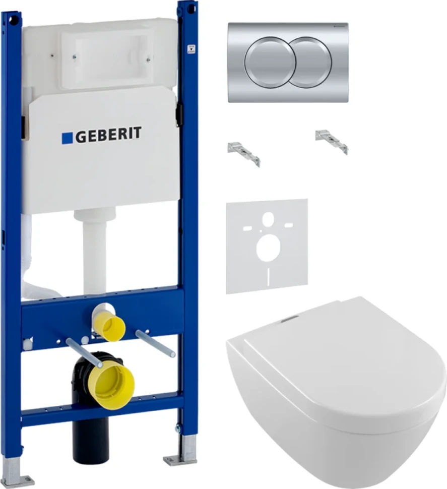 Комплект Унитаз подвесной Villeroy & Boch Subway 2.0 + Крышка 9M68 S101 с микролифтом, петли хром + Инсталляция Geberit Duofix Delta 458.149.21.1 с кнопкой смыва, хром + Звукоизоляция