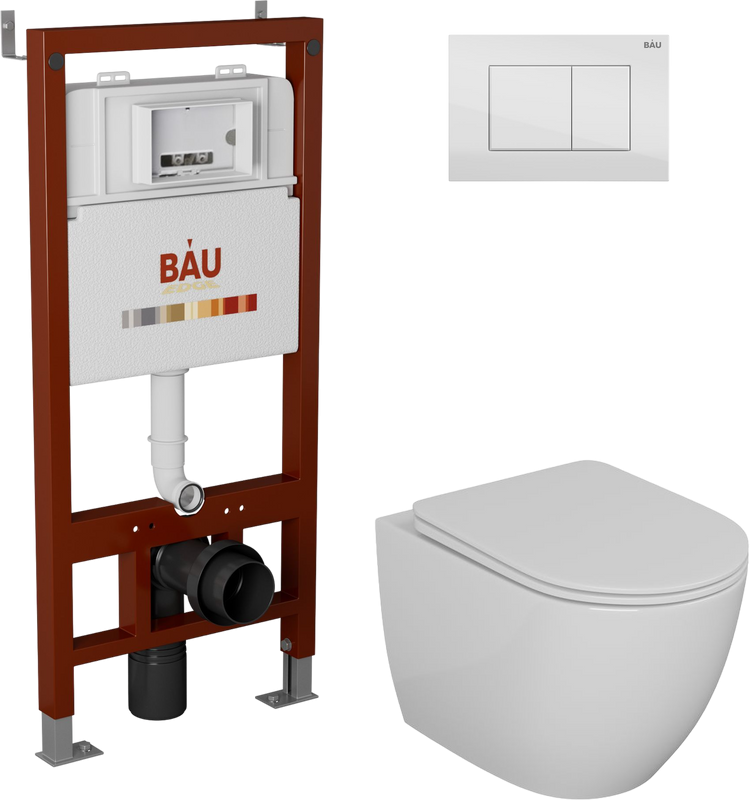 Комплект Унитаз подвесной Bauedge Bau Dream безободковый, с микролифтом + Инсталляция Bau Pro + Кнопка Stil, белый глянец