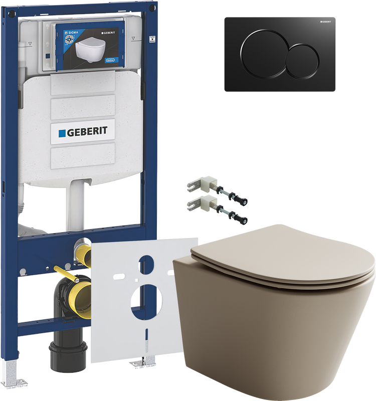 Комплект Унитаз подвесной Ceramicanova Balearica Rimless CN6000MC капучино матовый + Крепления Geberit Duofix 111.815.00.1 к стене + Звукоизоляция + Инсталляция UP 320 111.300.00.5 + Кнопка Sigma 01 115.770.DW.5 черная