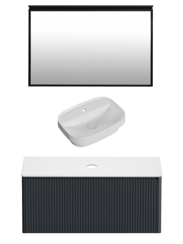 Мебель для ванной комнаты Allen Brau Gravity 120 1 ящик, с фрезеровкой, матовый антрацит, столешница белая, раковина Fantasy Sphere 55х40, белая