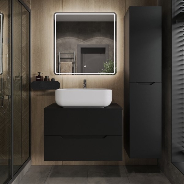 Мебель для ванной комнаты Orange Line 80 подвесная, 2 ящика, матовая черная с раковиной B03-600W