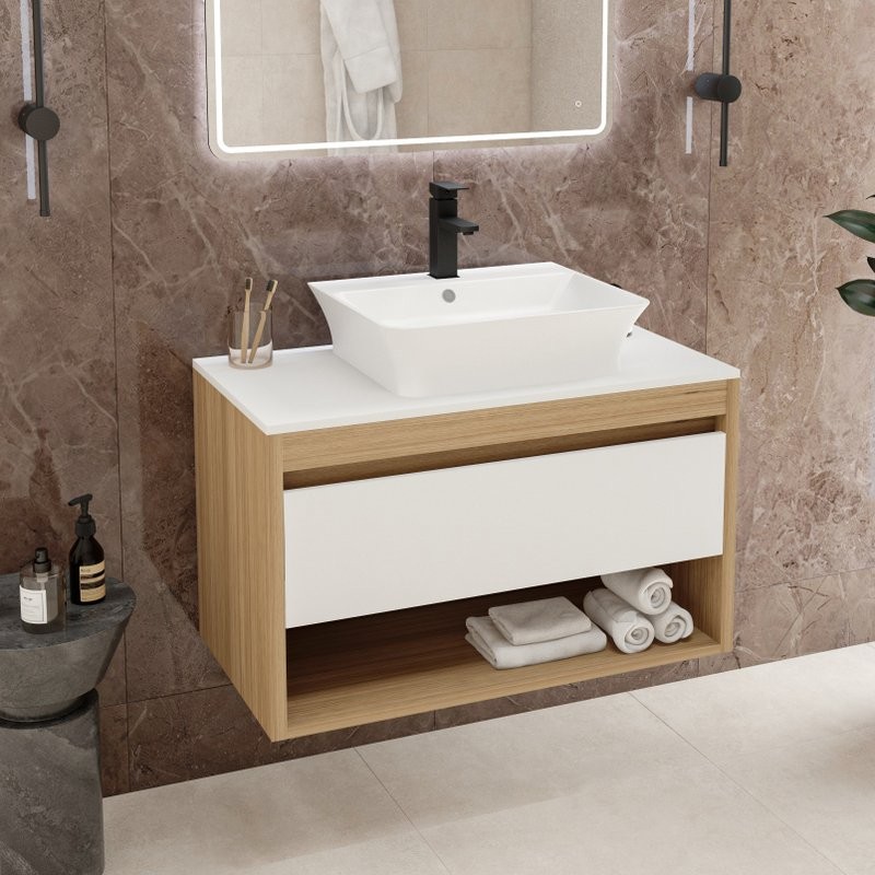 Тумба с раковиной Teymi Ritta 85 дуб эврика, матовая белая, раковина Aina 49