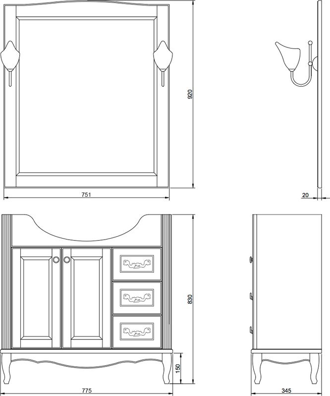 Мебель для ванной комнаты ValenHouse Эллина 80 кальяри, фурнитура бронза