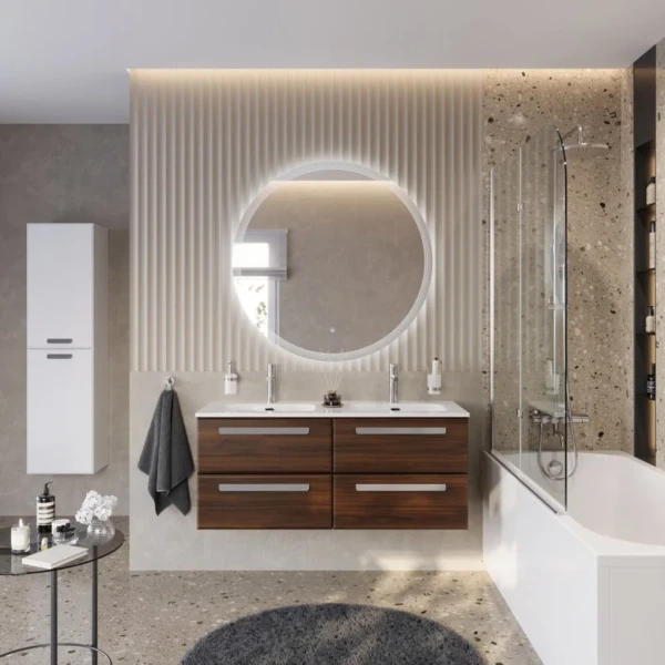 Мебель для ванной комнаты Cezares Eco Cer-N 120 4 ящика, орех шоколад софт, раковина Eco 120, двойная, ручки серые