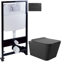 Комплект Унитаз подвесной Aqueduto Macio MAC0140 безободковый, с микролифтом, черный матовый + Инсталляция EWRIKA ProLT 0026-2020 + Кнопка 0044 черная матовая