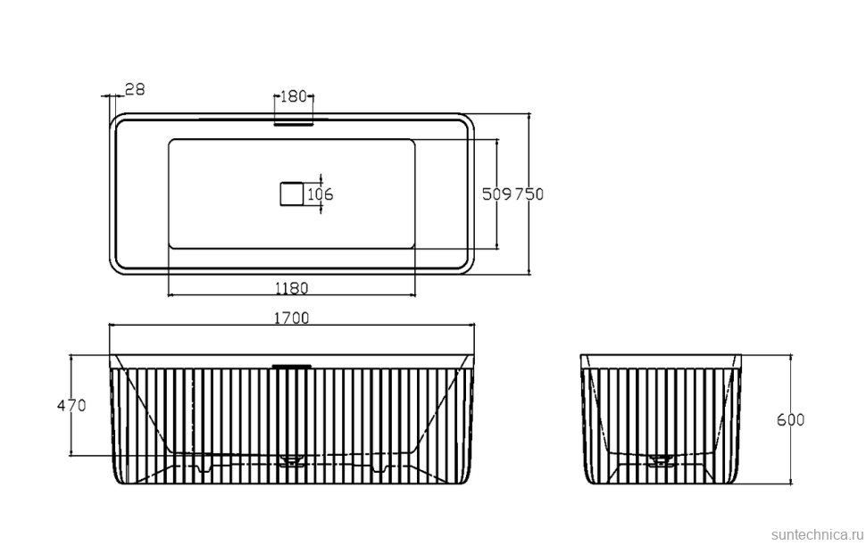 Ванна из искусственного камня AltroBagno Cinzia 090110 170x75 см, отдельностоящая, на ножках, с донным клапаном, с подголовником