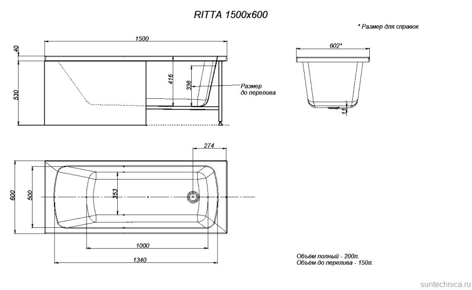 Акриловая ванна Timo Ritta 1560 без опоры 150x60 см, пристенная, белая