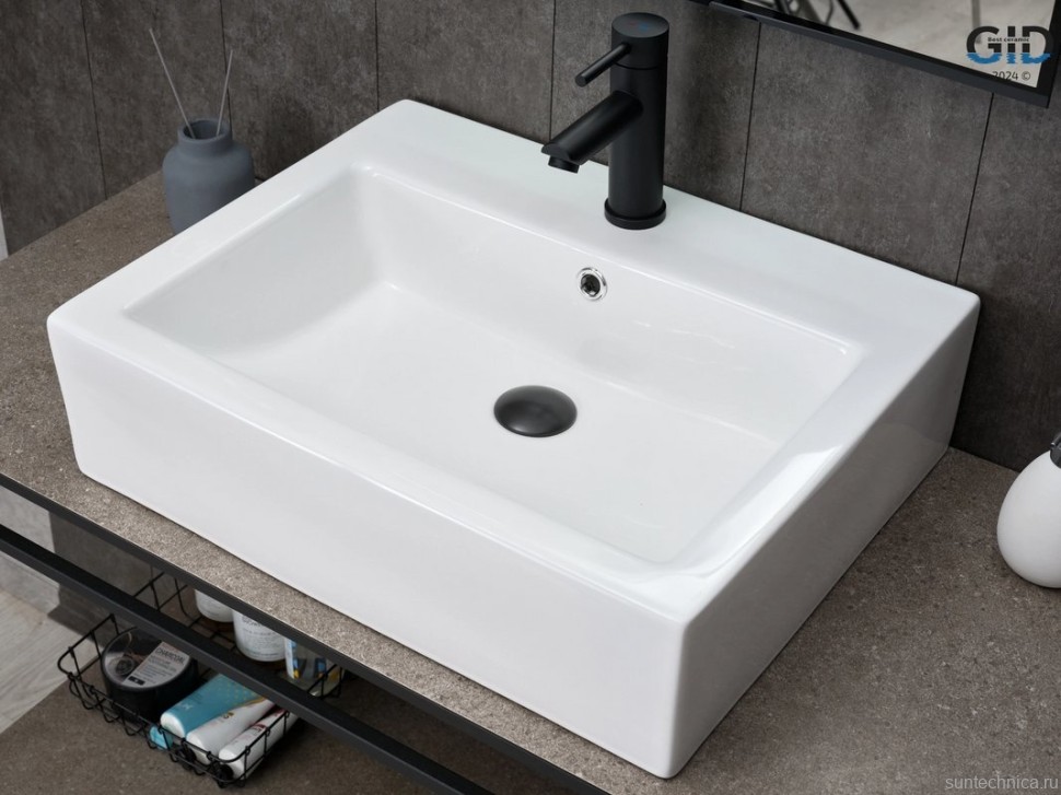 Накладная раковина GID Geometrico N9157 57 глянцевая белая, прямоугольная, фаянс, с 1 отверстием под смеситель