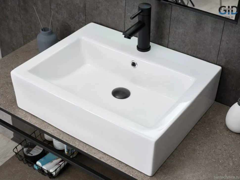 Накладная раковина GID Geometrico N9157 57 глянцевая белая, прямоугольная, фаянс, с 1 отверстием под смеситель