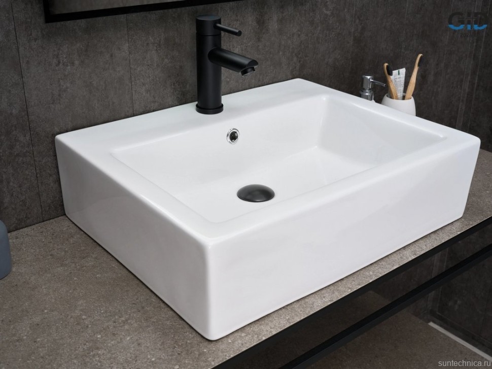 Накладная раковина GID Geometrico N9157 57 глянцевая белая, прямоугольная, фаянс, с 1 отверстием под смеситель