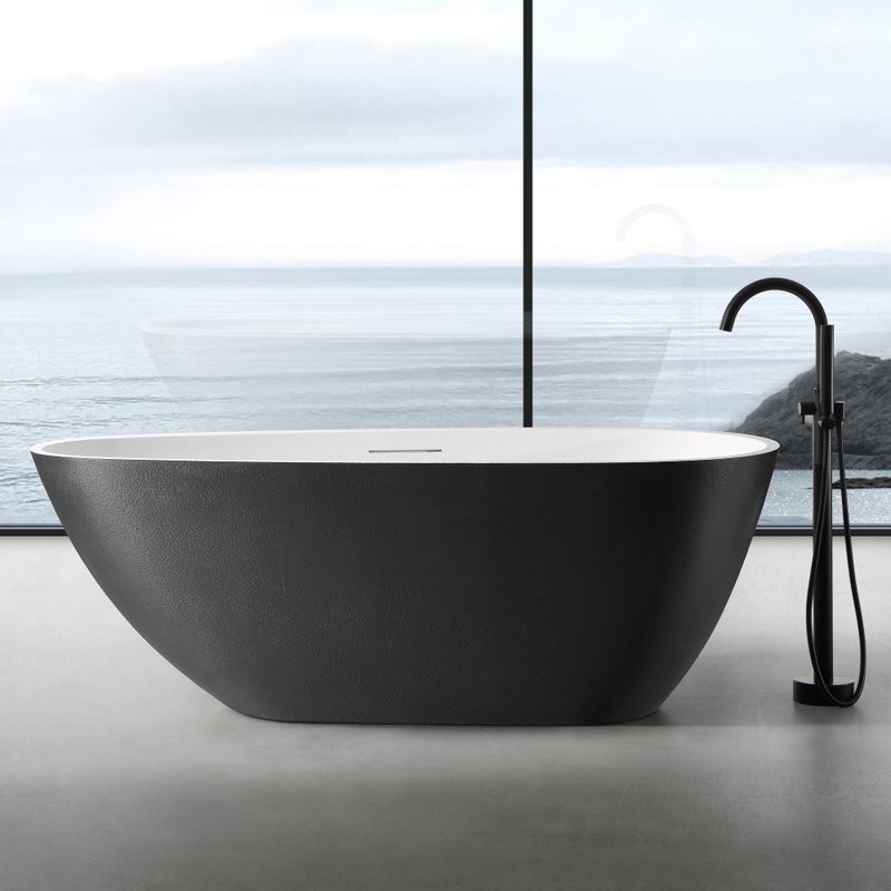 Ванна из искусственного камня Abber Dortmund AM9911BW 170x75 см, отдельностоящая, матовая черно-белая, овальная, фурнитура белая
