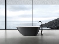 Ванна из искусственного камня Abber Dortmund AM9911BW 170x75 см, отдельностоящая, матовая черно-белая, овальная, фурнитура белая