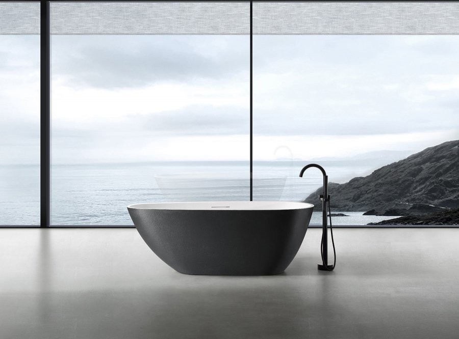 Ванна из искусственного камня Abber Dortmund AM9911BW 170x75 см, отдельностоящая, матовая черно-белая, овальная, фурнитура белая