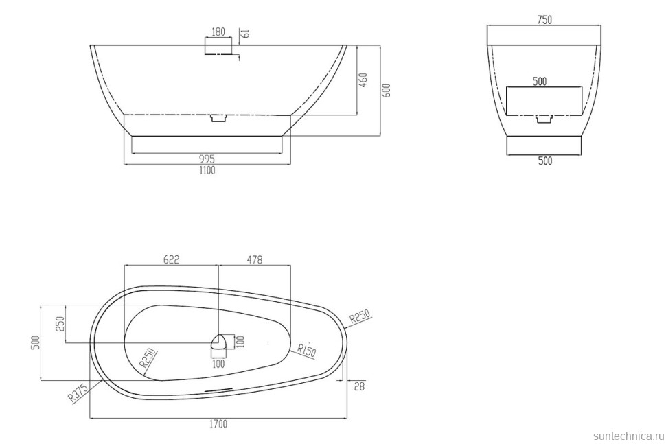 Ванна из искусственного камня Abber Dortmund AM9911BW 170x75 см, отдельностоящая, матовая черно-белая, овальная, фурнитура белая