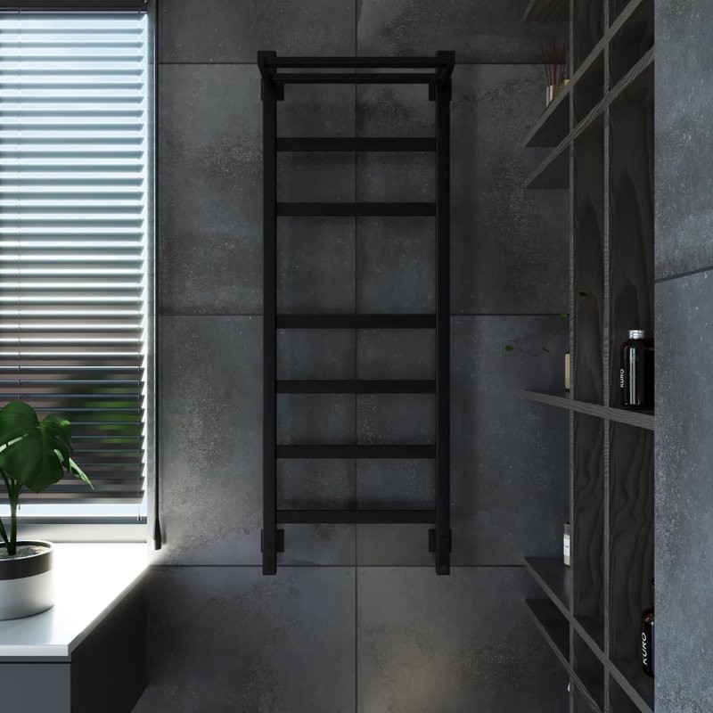 Полотенцесушитель электрический Grota Tela 430х1200 RAL9005 EL 120x45 см, подключение справа, слева, скрытое подключение справа, матовый черный, лесенка, из стали, с полкой