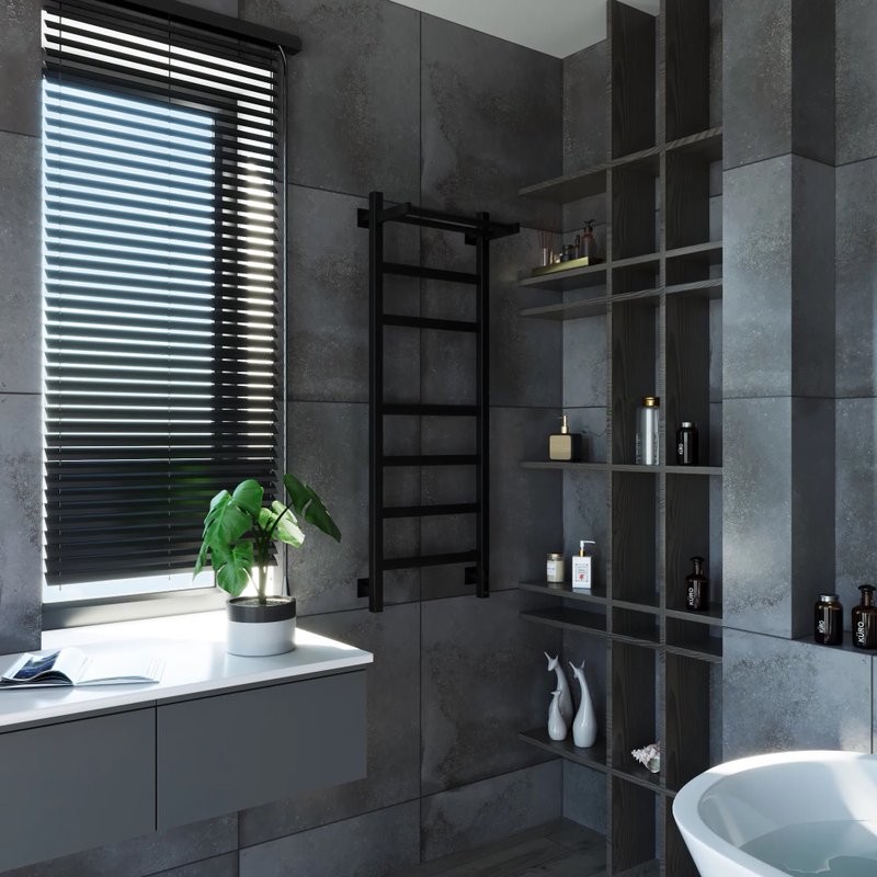 Полотенцесушитель электрический Grota Tela 430х1200 RAL9005 EL 120x45 см, подключение справа, слева, скрытое подключение справа, матовый черный, лесенка, из стали, с полкой