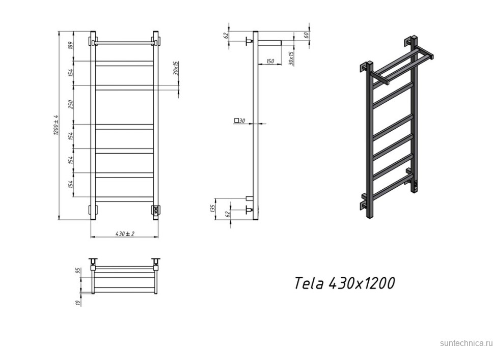 Полотенцесушитель электрический Grota Tela 430х1200 RAL9005 EL 120x45 см, подключение справа, слева, скрытое подключение справа, матовый черный, лесенка, из стали, с полкой