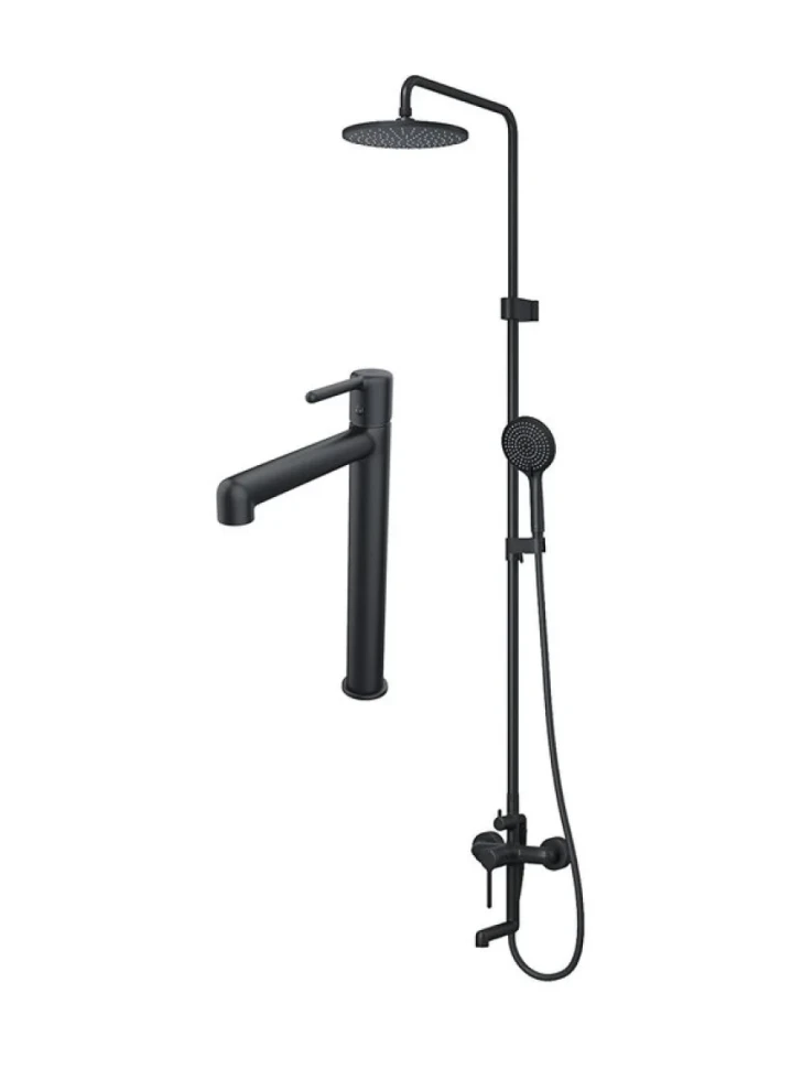 Комплект для ванной IDDIS Aiger Душевая стойка IDDIS Aiger AIGBL3Fi06 + Смеситель для раковины AIGBL01i01, черный матовый