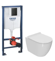 Комплект Унитаз подвесной Bauedge Bau Ceramics безободковый, с микролифтом, белый + Инсталляция Grohe Solido 38811KF0 3 в 1 с кнопкой смыва