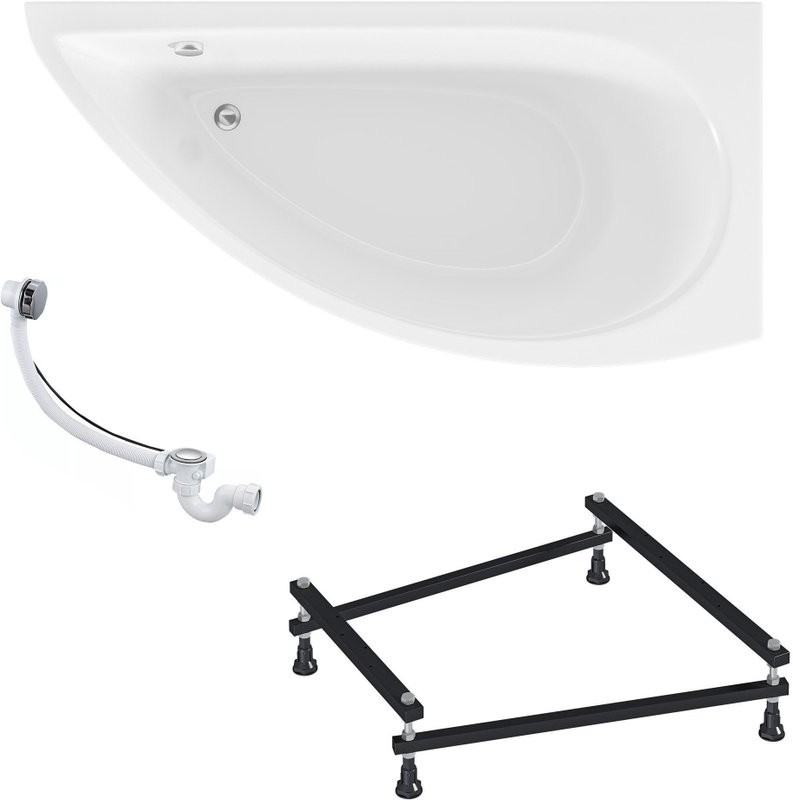Комплект Акриловая ванна 1MarKa Piccolo R Стандарт 2+ 150x75 см, угловая, правая, встраиваемая, белая, асимметричная, со сливом-переливом