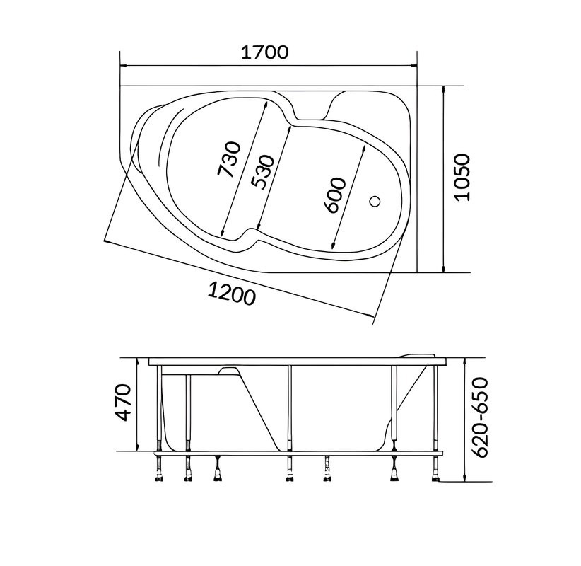 Акриловая ванна 1MarKa Diana R Стандарт 2+ 170x105 см, угловая, правая, встраиваемая, белая, асимметричная, с каркасом, с сиденьем, со сливом-переливом