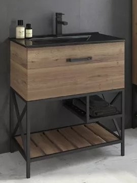 Тумба с раковиной Comforty Бредфорд 75 напольная, темный дуб,  раковиной Comforty 75E черная матовая