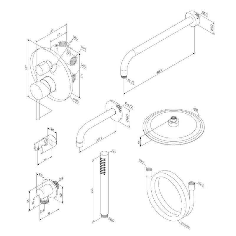 Душевая система с тропическим душем Damixa Scandinavian Pure 936510300 черный матовый, скрытого монтажа, смеситель для 3 потребителей, излив, встраиваемый душевой комплект, гарантия 10 лет, Дания