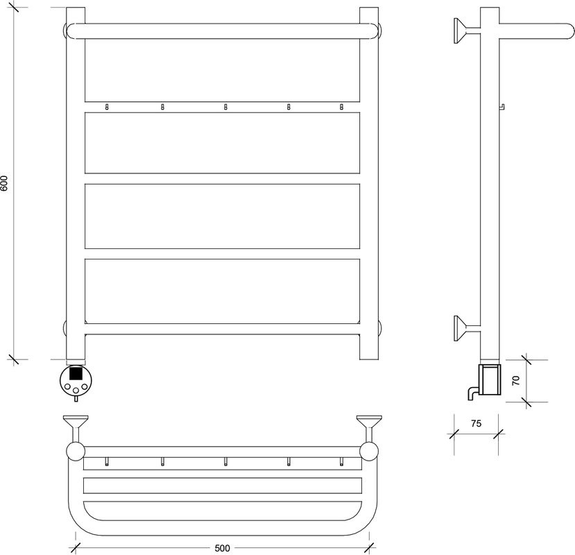 Полотенцесушитель электрический Secado Триада 1 КСП 60x50 см, подключение слева, матовый черный, лесенка, с полкой