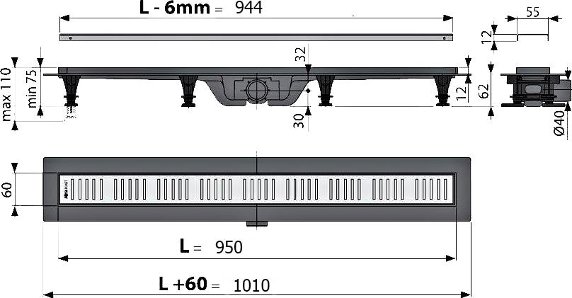 Душевой трап (лоток) AlcaPlast APZ19 APZ19-950 с решеткой и опорами