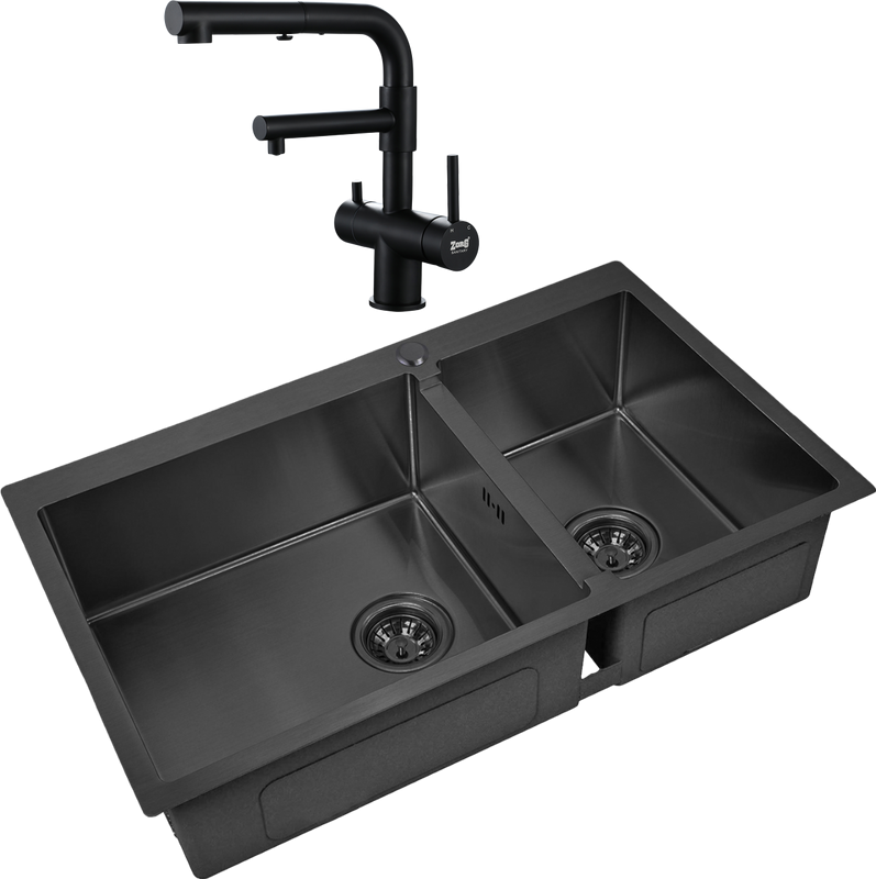 Комплект Мойка Zorg Inox PVD 78-2-51 L grafit + Смеситель Sanitary SZR-3216 Grafit графит