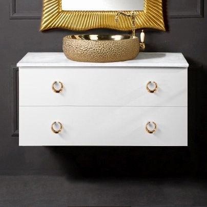 Тумба с раковиной Armadi Art NeoArt 100 белая с ручками Drop золото