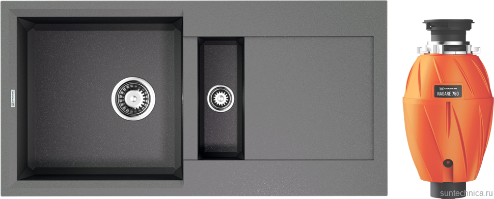 Комплект Мойка Omoikiri Sakaime 86-2-GR leningrad grey + Измельчитель Nagare 750