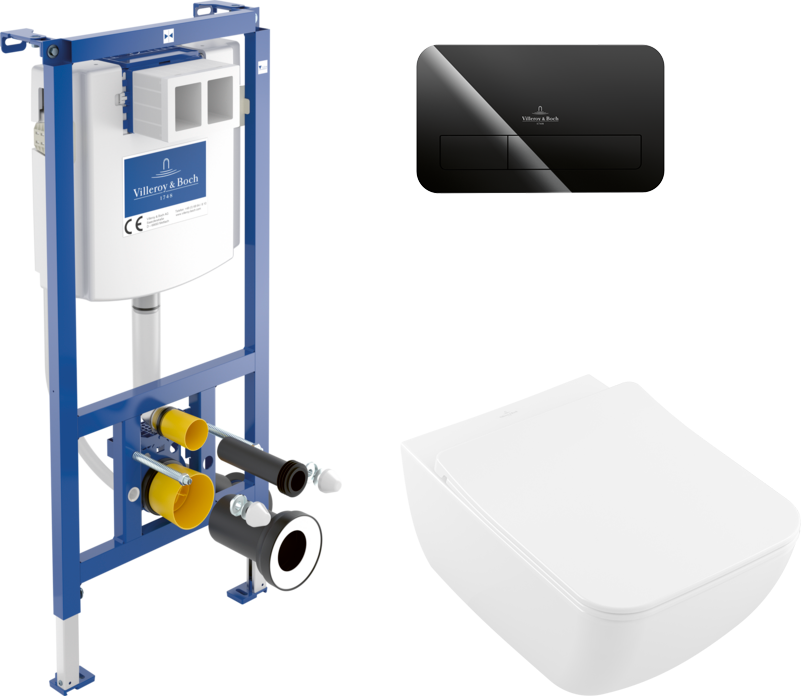 Комплект Унитаз подвесной Villeroy & Boch Venticello 4611RL01 безободковый, альпийский белый + Инсталляция + Кнопка Viconnect 922400RB черная глянцевая