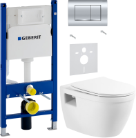 Комплект Унитаз подвесной BelBagno Loto BB070CHR/SC безободковый + Звукоизоляция Geberit + Инсталляция Duofix Delta 458.163.21.1 с кнопкой смыва, хром