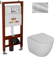 Комплект Унитаз подвесной Bauedge Bau Dream безободковый, с микролифтом + Инсталляция Bau Pro + Кнопка Stil, хром