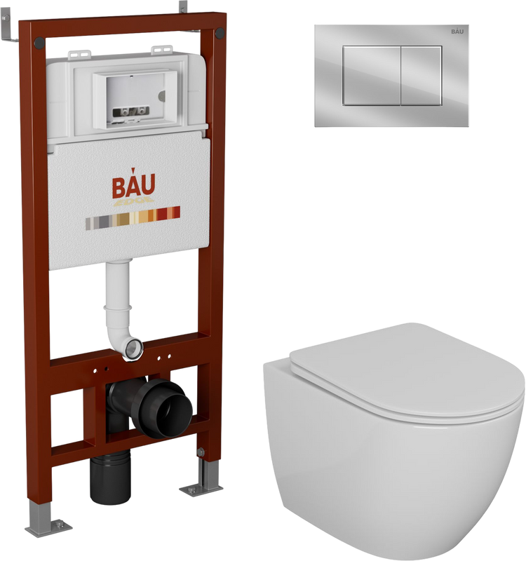 Комплект Унитаз подвесной Bauedge Bau Dream безободковый, с микролифтом + Инсталляция Bau Pro + Кнопка Stil, хром