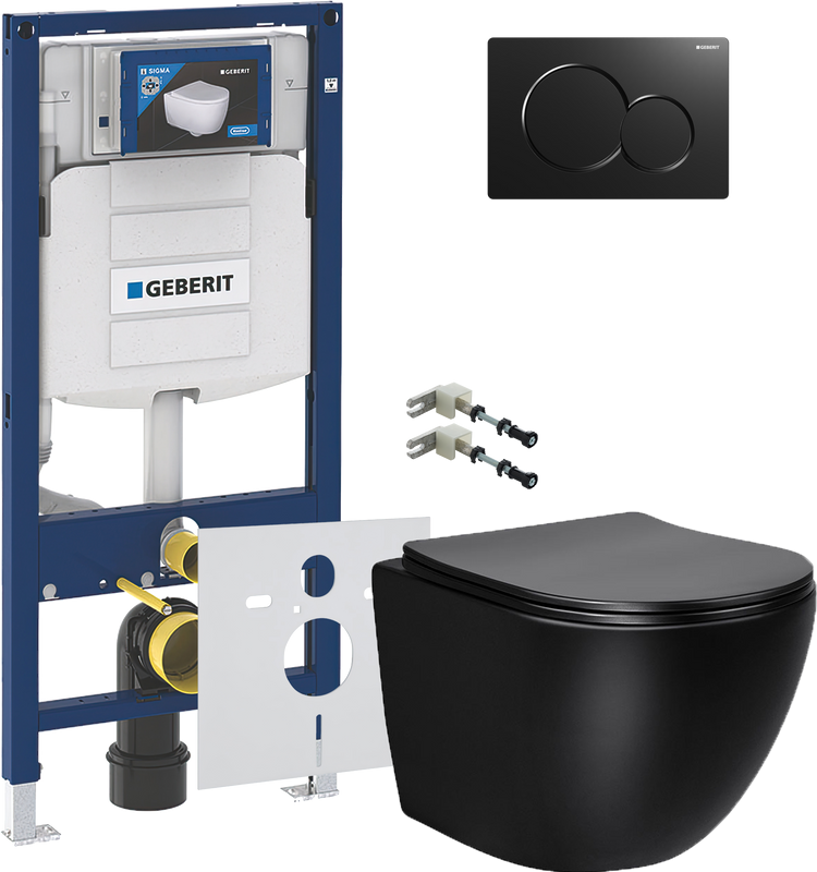 Комплект Унитаз подвесной Vincea Globo VT1-14SMB черный + Крепления Geberit Duofix 111.815.00.1 к стене + Звукоизоляция + Инсталляция UP 320 111.300.00.5 + Кнопка Sigma 01 115.770.DW.5 черная