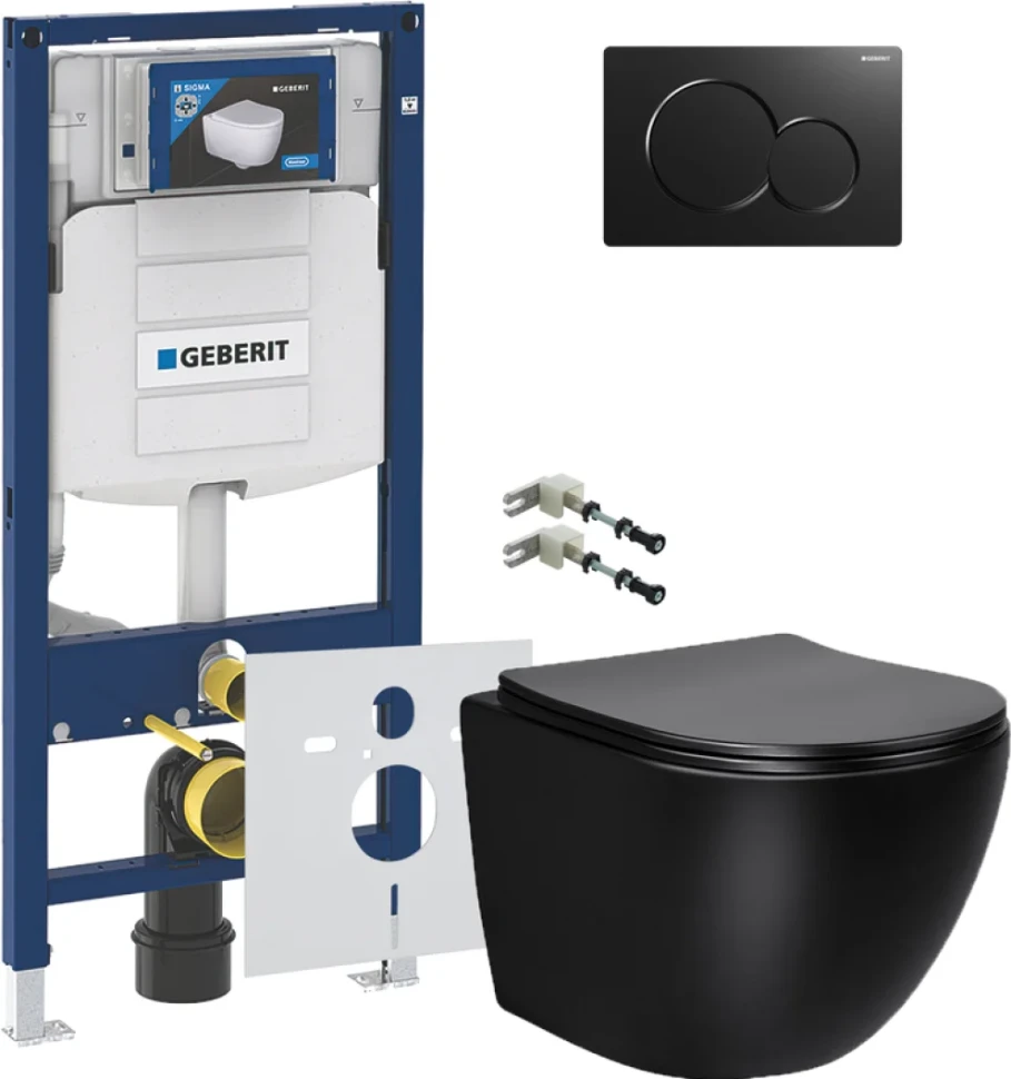 Комплект Унитаз подвесной Vincea Globo VT1-14SMB черный + Крепления Geberit Duofix 111.815.00.1 к стене + Звукоизоляция + Инсталляция UP 320 111.300.00.5 + Кнопка Sigma 01 115.770.DW.5 черная