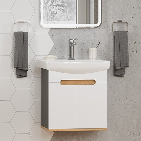 Тумба с раковиной Misty Сканди 50 подвесная, белая, дуб крафт золотой, антрацит