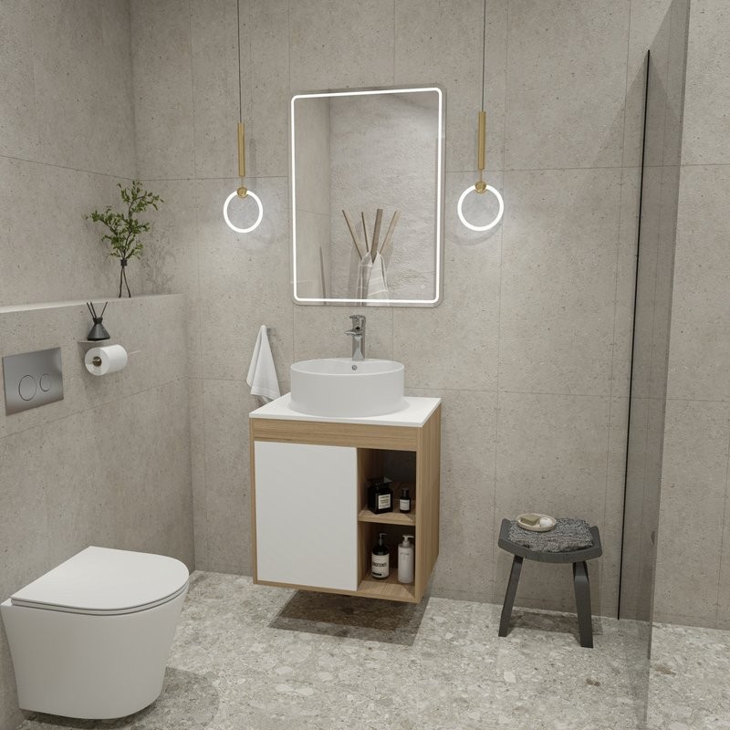 Тумба с раковиной Teymi Nura 60 дуб эврика, матовая белая, раковина Lina S D40